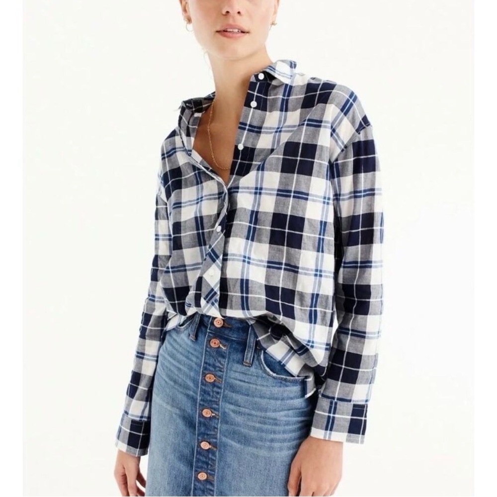 J. Crew Navy Plaid Step Hem Button Down Shirt